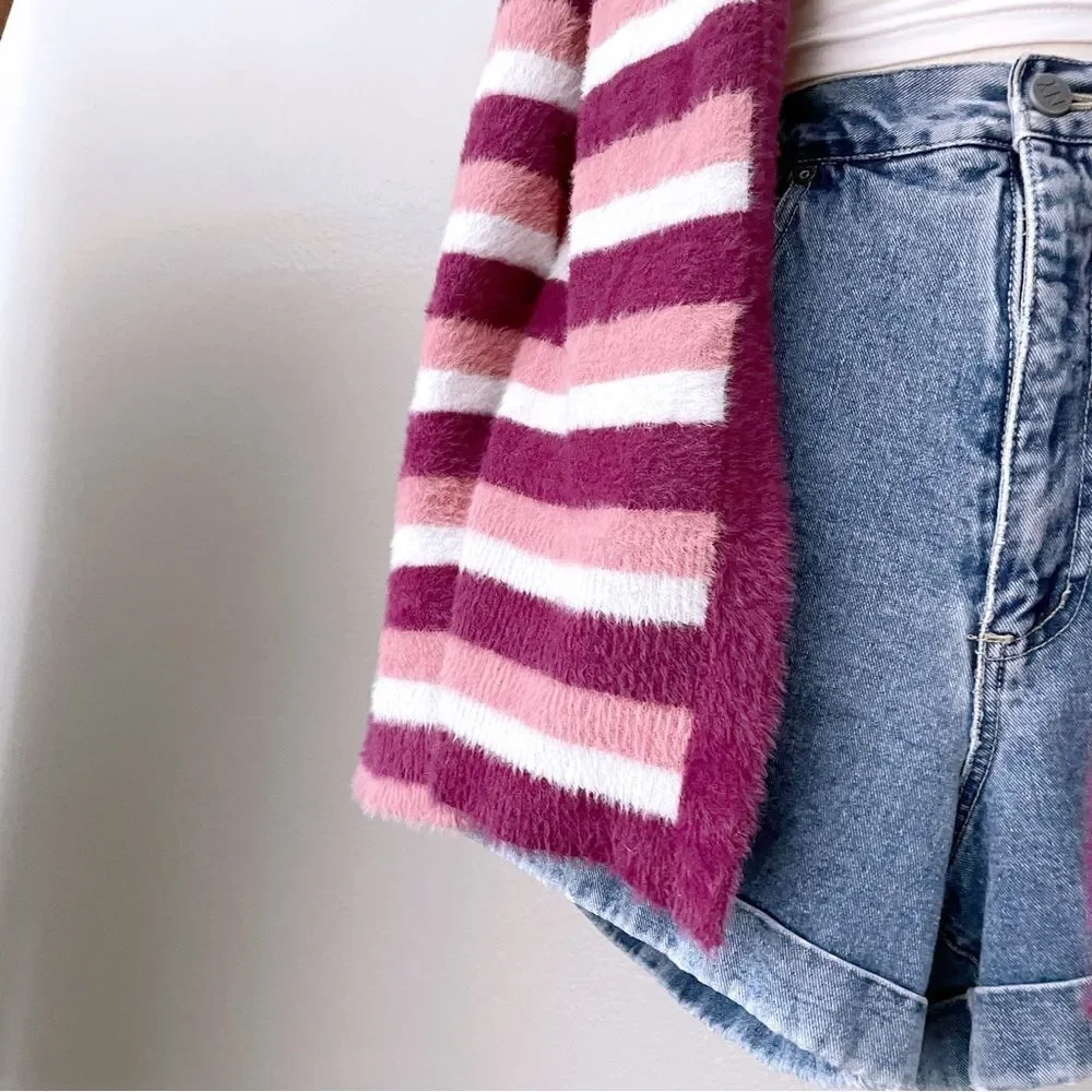 Fuzzy Open Front Striped Cardigan - Picture 2 of 5